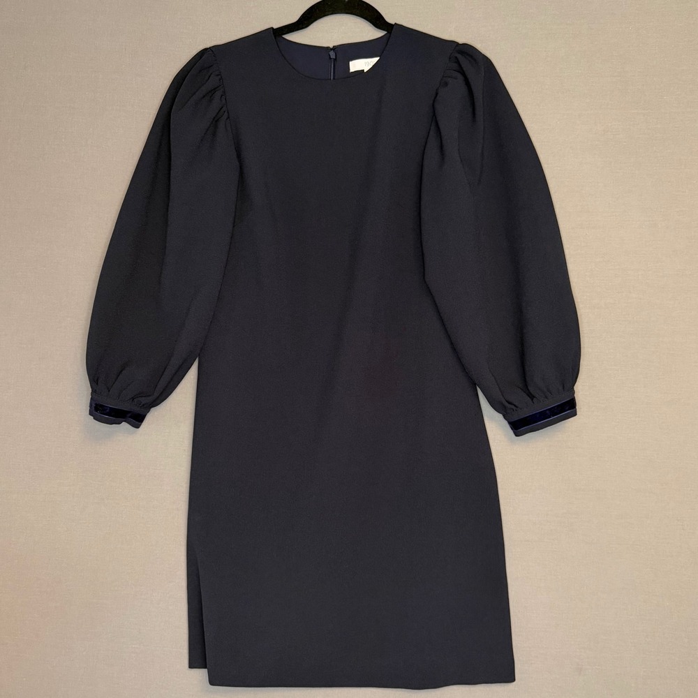 1901 Nordstrom Womens Navy Blue Puff Sleeve Velvet Trim Shift Dress Size 6